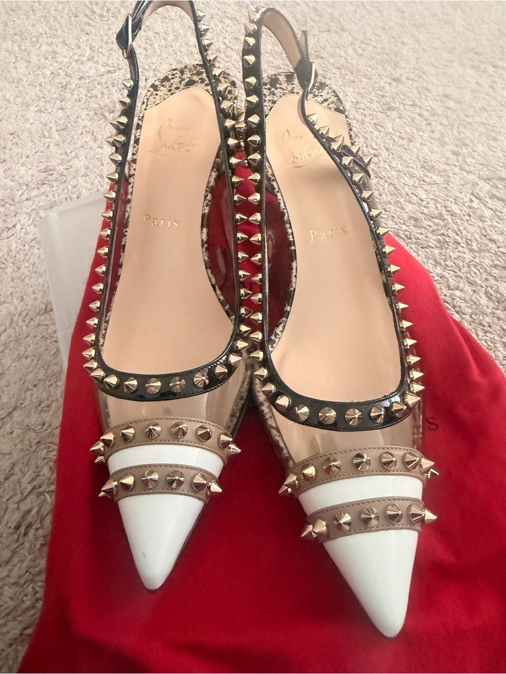 Christian Louboutin White Pointed Studded Slingback Heels - Picture 8 of 8